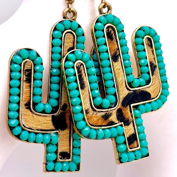 Fun Teal Crystal Beaded Leopard Animal Print Saguaro Cactus Dangle Earrings New - Picture 1 of 5